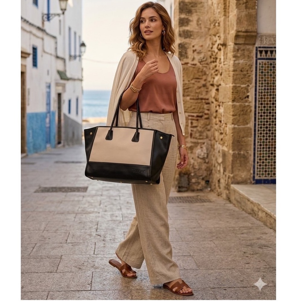 Tanger Colorblock Tote Bag Black Cream Braided Straps Large Work Travel Handbag